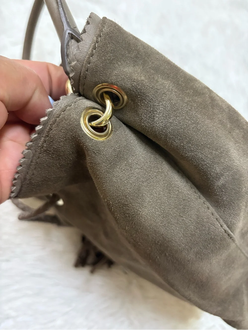 LK Bennett Taupe Suede Tassel Hobo Shoulder Bag